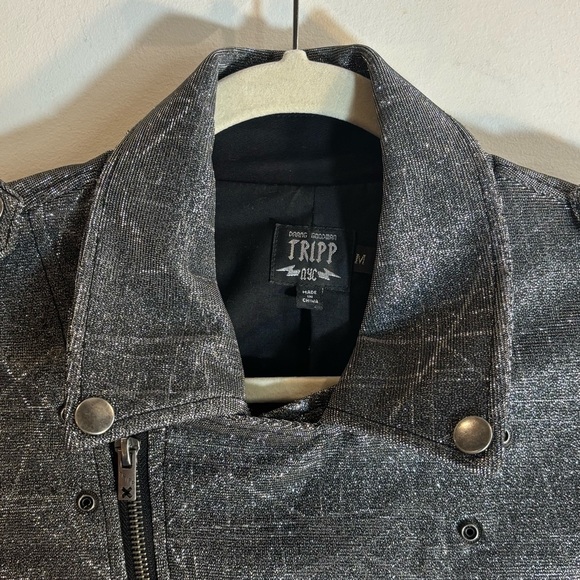 TRIPP NYC Sz M Silver Glitter Metallic Biker Moto Style Jacket Zipper Closure - Picture 9 of 15